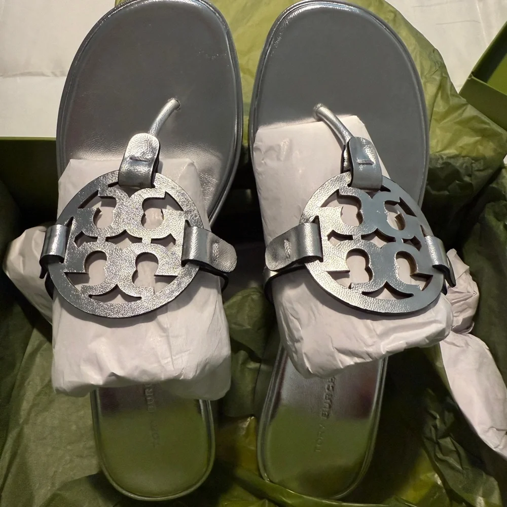 Tory Burch Silver Logo Thong Wedge Sandals